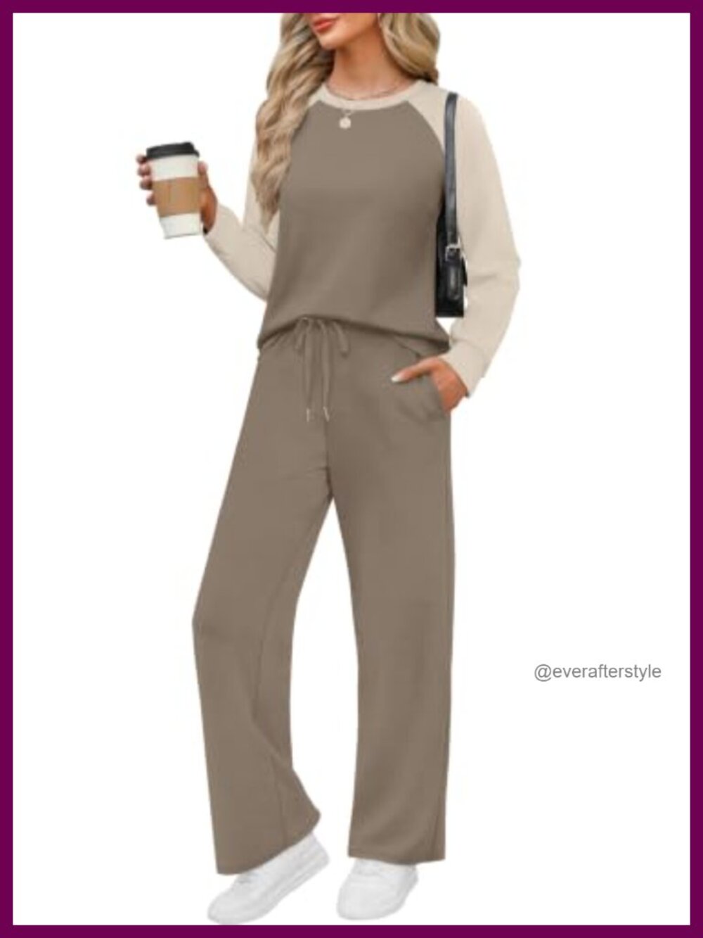Womens 2 Piece Lounge Set Raglan Sleeve Wide Leg Pants Pockets